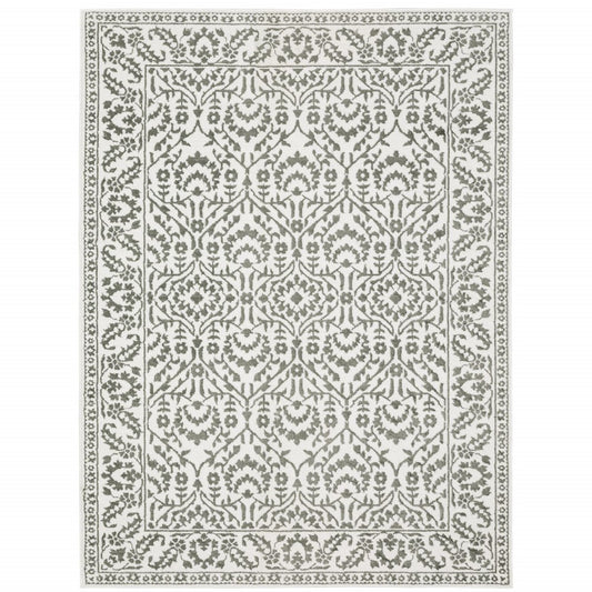 8' X 11' Gray And White Floral Distressed Area Rug