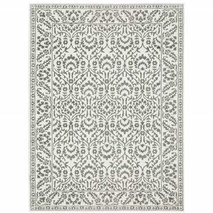 8' X 11' Gray And White Floral Distressed Area Rug