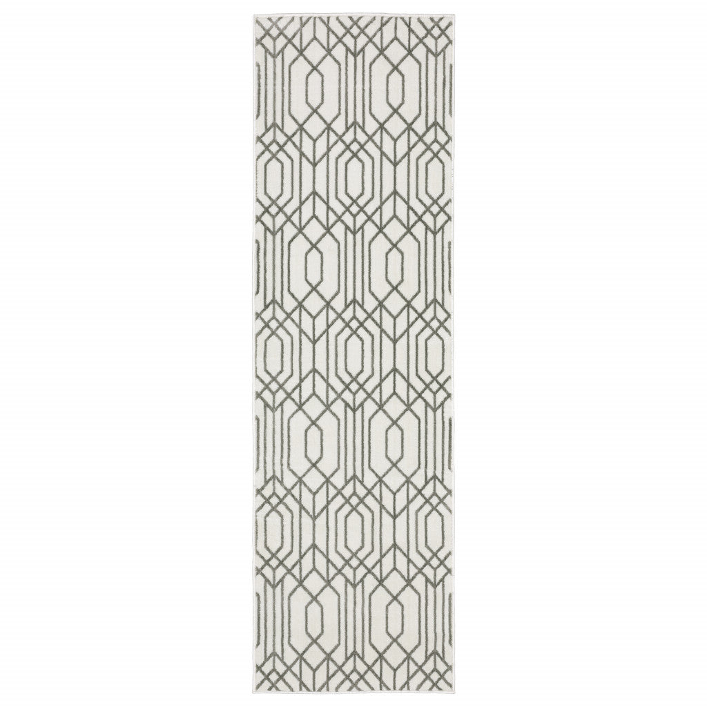 2' X 8' White And Grey Geometric Power Loom Stain Resistant Runner Rug