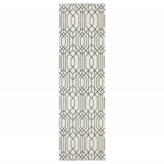 2' X 8' White And Grey Geometric Power Loom Stain Resistant Runner Rug