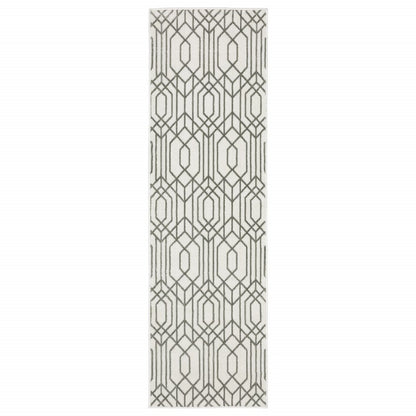 2' x 8' White and Grey Geometric Power Loom Stain Resistant Runner Rug