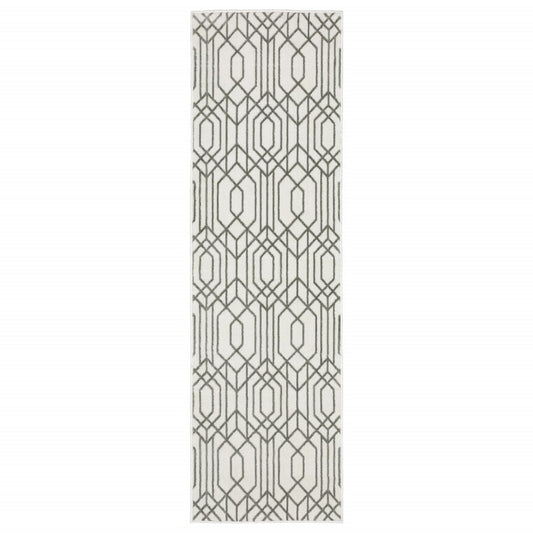 2' X 8' White And Grey Geometric Power Loom Stain Resistant Runner Rug