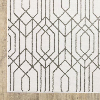2' x 8' white and grey geometric power loom stain resistant runner rug