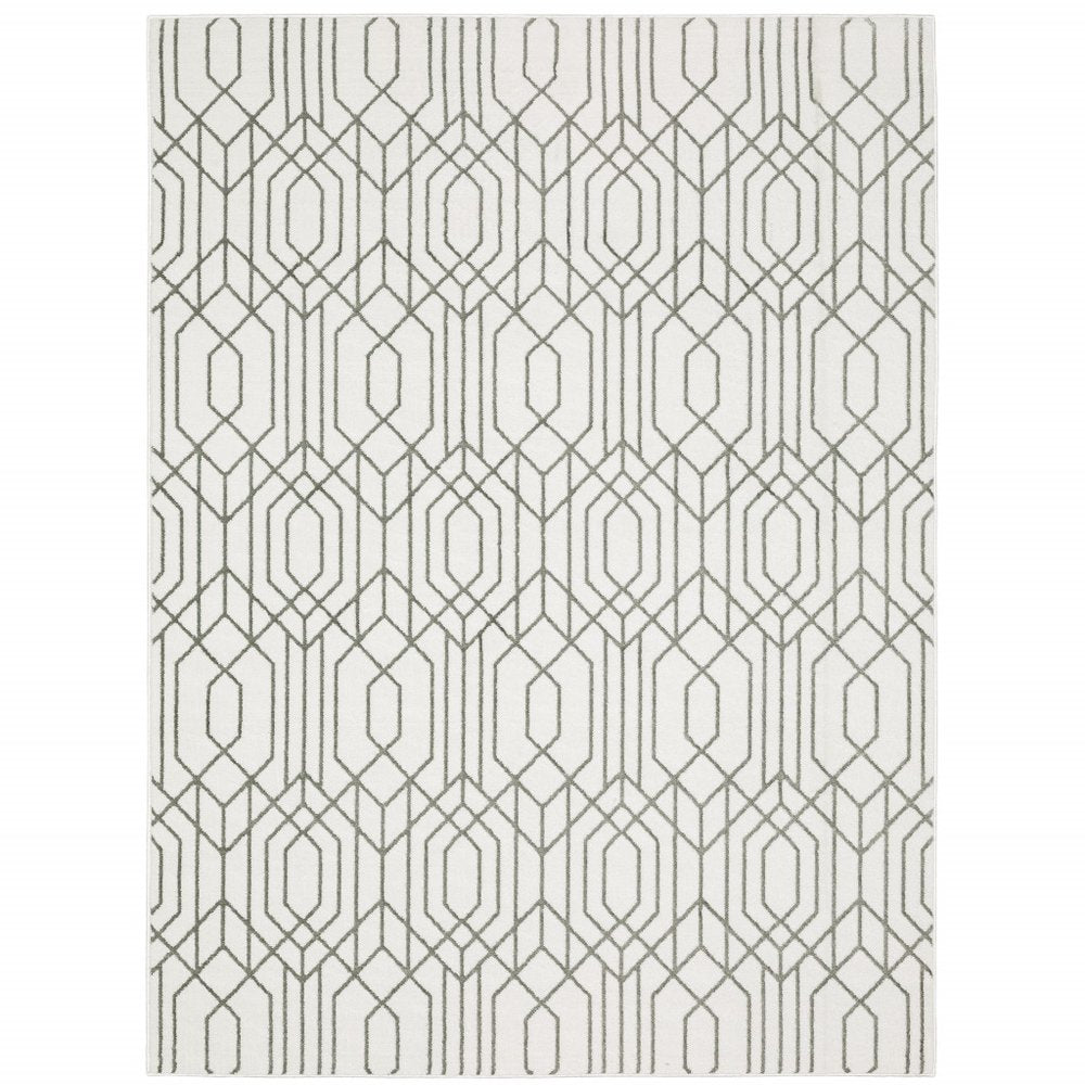 5' X 8' White And Grey Geometric Power Loom Stain Resistant Area Rug
