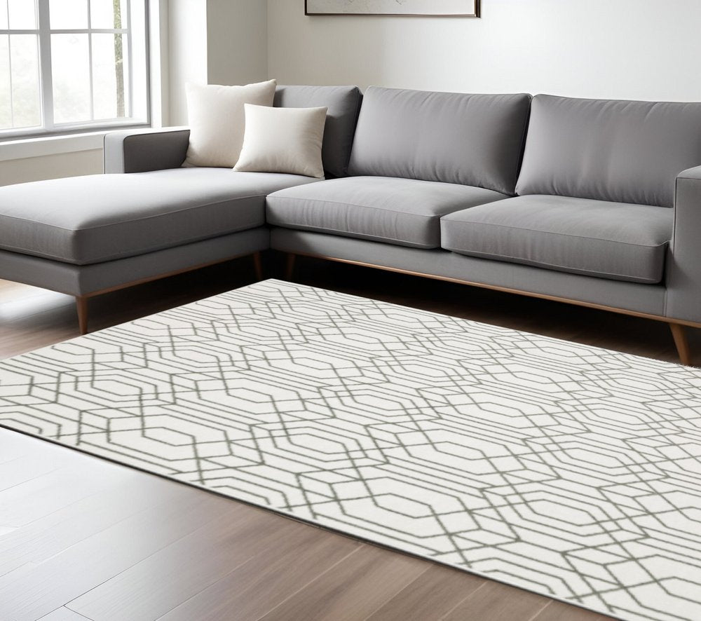 8' X 11' White And Grey Geometric Power Loom Stain Resistant Area Rug
