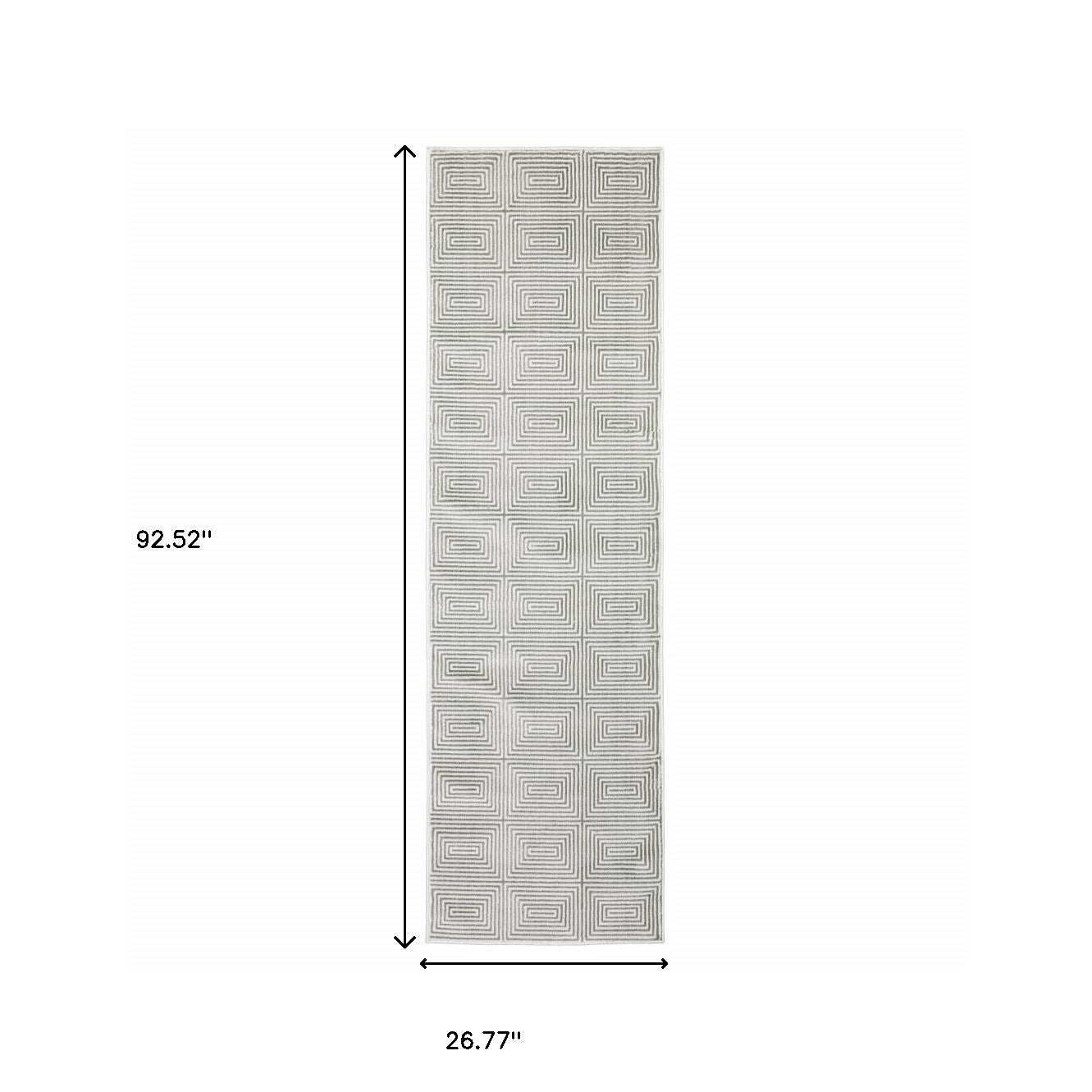 2' X 8' Grey And White Geometric Power Loom Stain Resistant Runner Rug