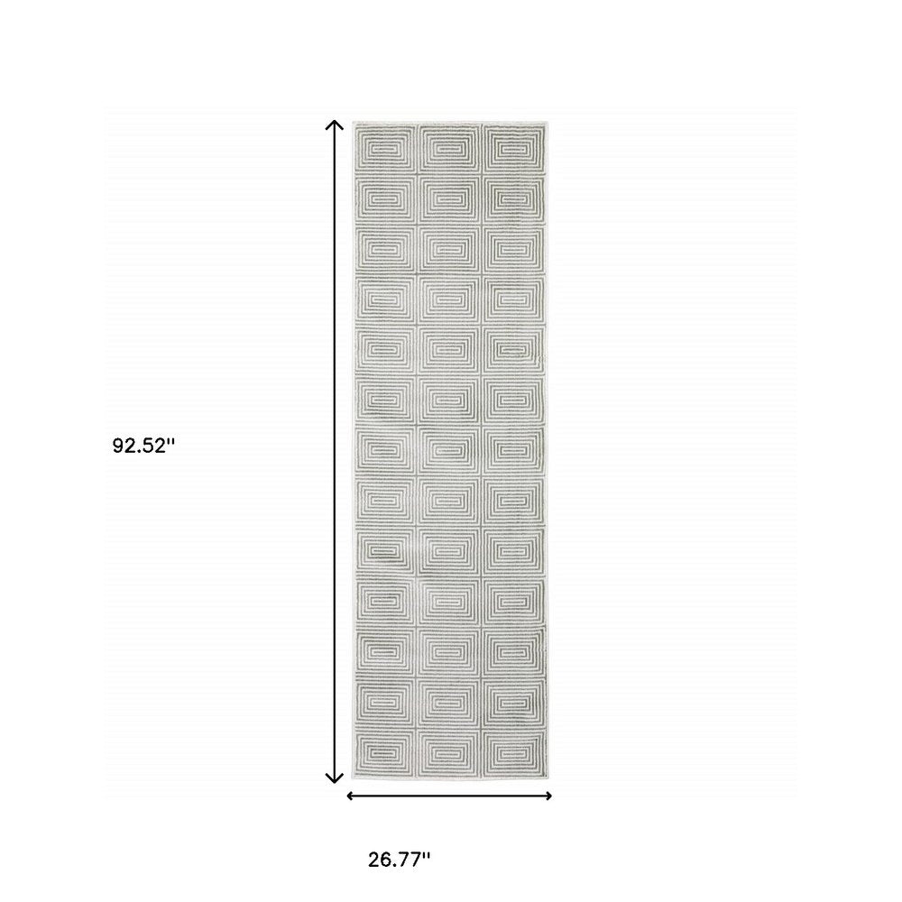 2' x 8' grey and white geometric power loom stain-resistant runner rug