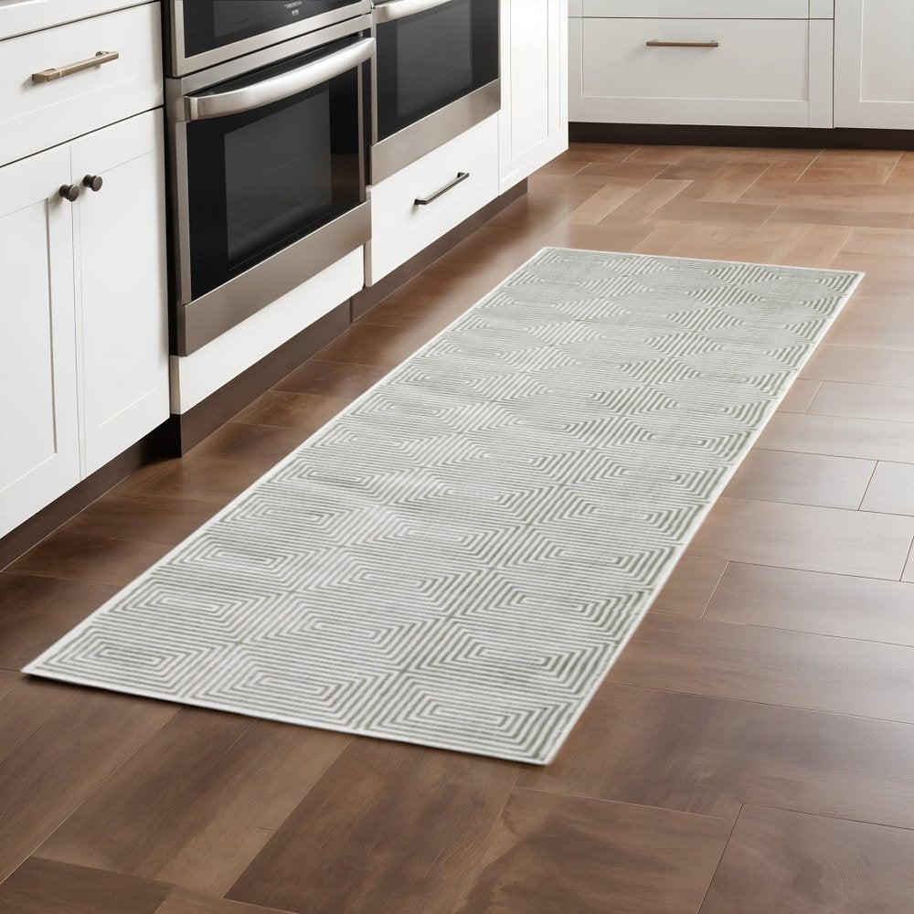 2' x 8' grey and white geometric power loom runner rug, stain resistant