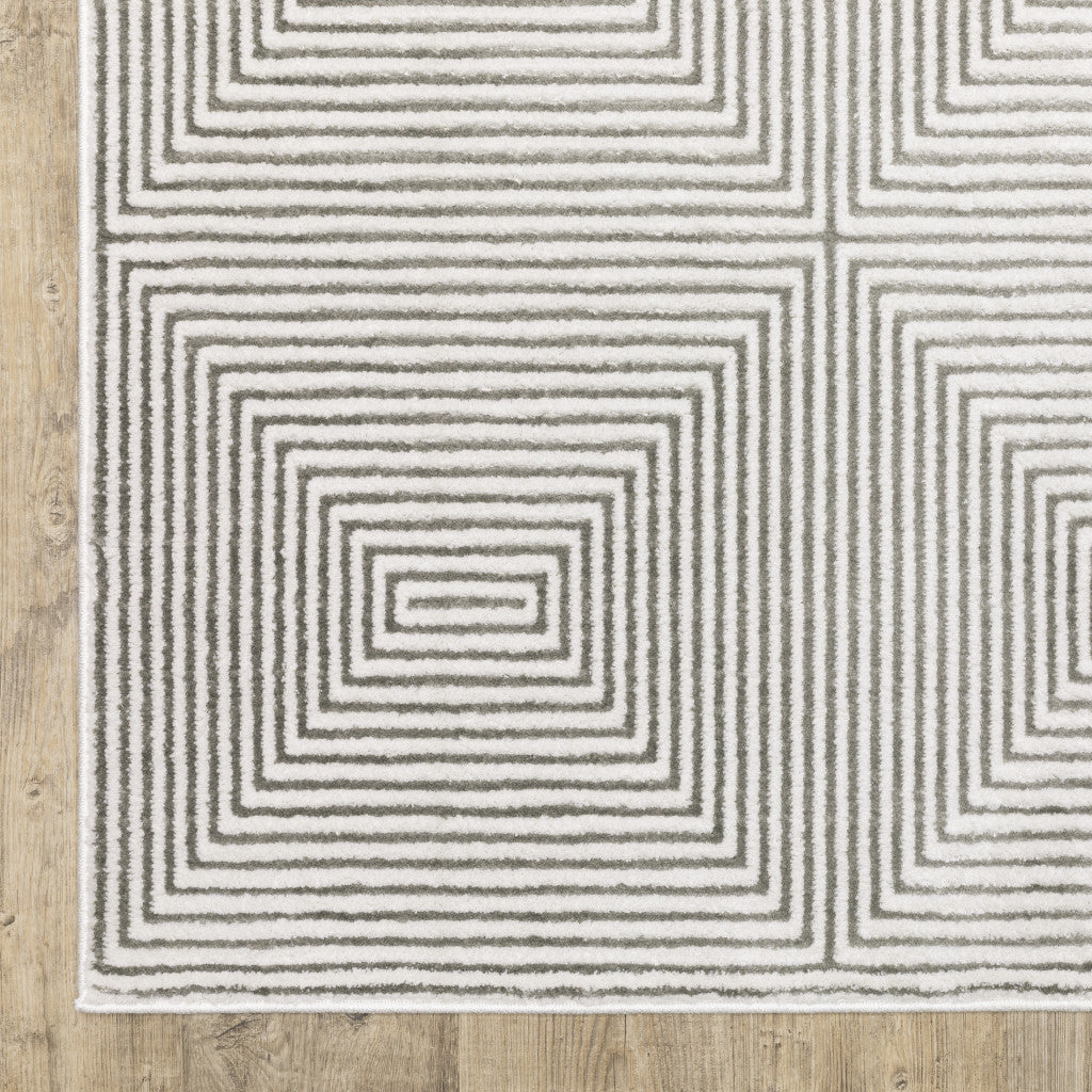 2' X 8' Grey And White Geometric Power Loom Stain Resistant Runner Rug