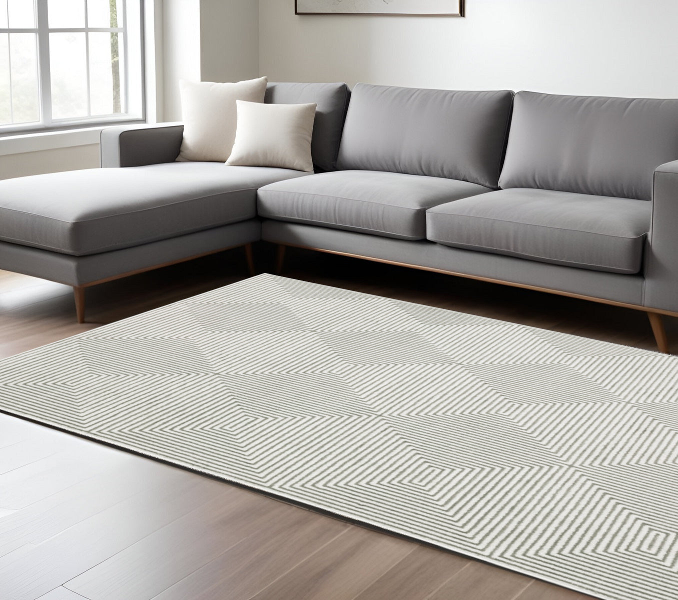 7' X 10' Gray and White Geometric Power Loom Area Rug