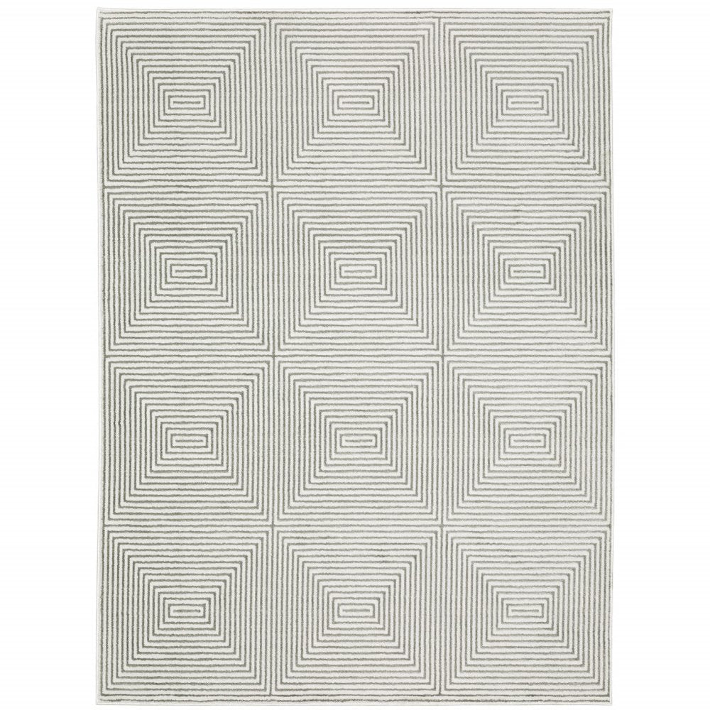 7' X 10' Gray And White Geometric Distressed Area Rug