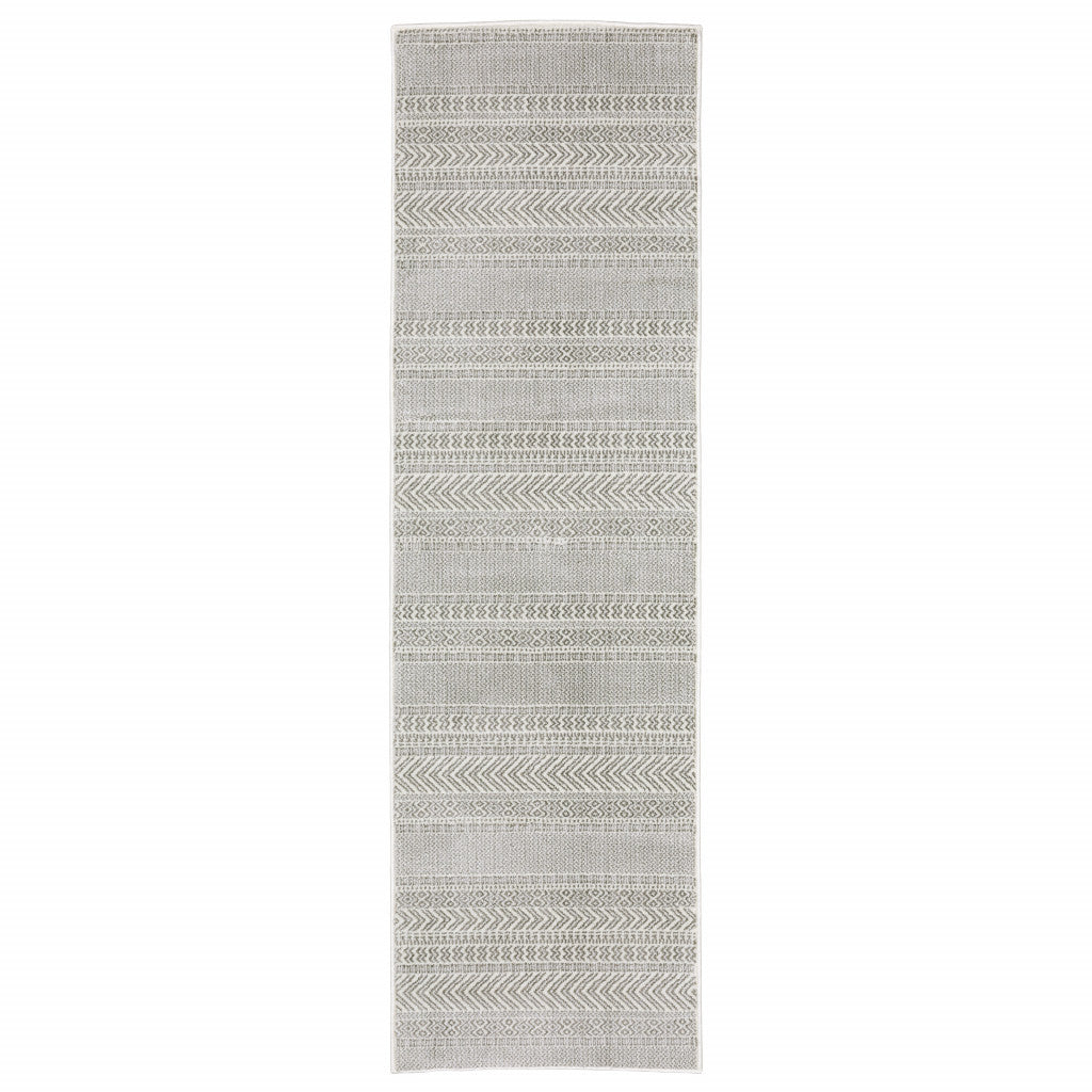 2' X 8' White And Grey Geometric Power Loom Stain Resistant Runner Rug