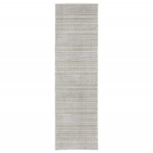 2' X 8' White And Grey Geometric Power Loom Stain Resistant Runner Rug