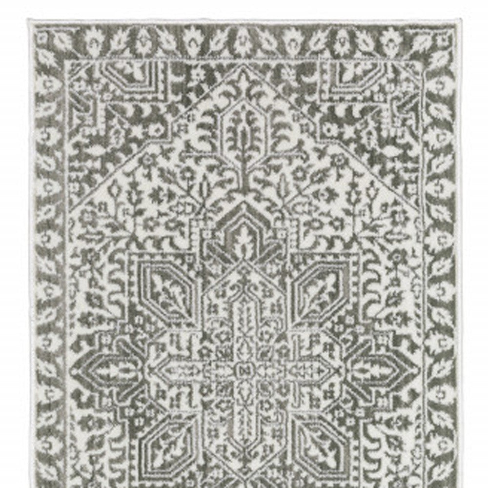 2' X 8' Grey And White Oriental Power Loom Stain Resistant Runner Rug