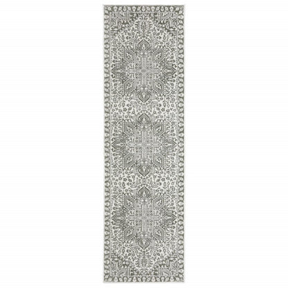 2' X 8' Grey and White Oriental Power Loom Stain Resistant Runner Rug