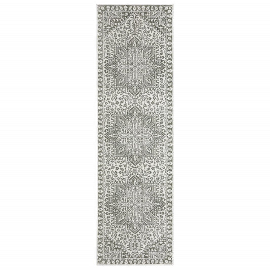 2' X 8' Grey and White Oriental Power Loom Stain Resistant Runner Rug