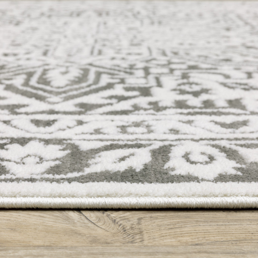 2' X 8' Grey And White Oriental Power Loom Stain Resistant Runner Rug