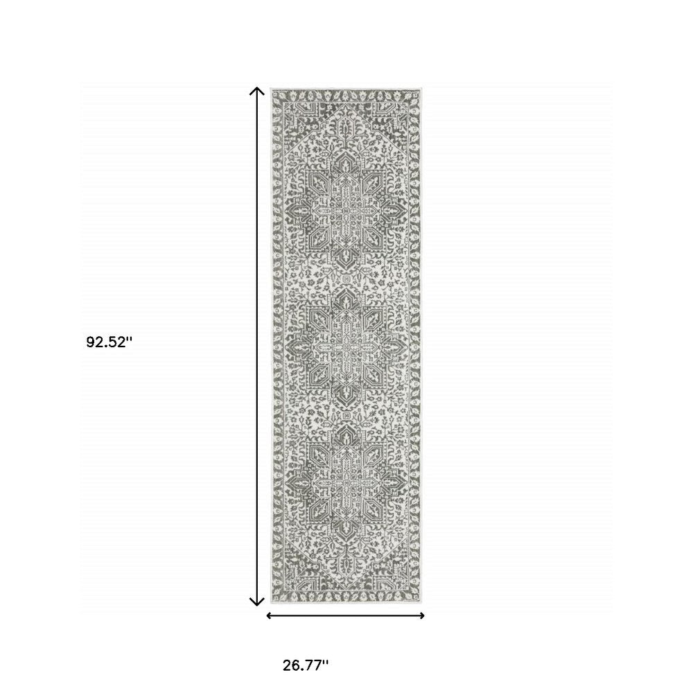 2' x 8' grey and white oriental power loom runner rug, stain-resistant