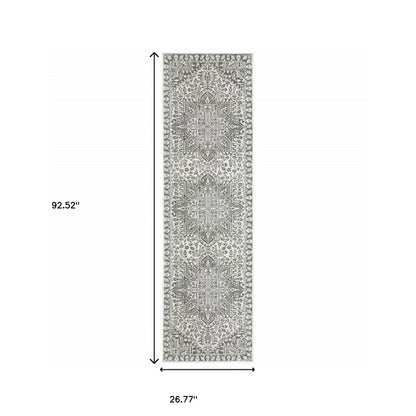2' X 8' Grey And White Oriental Power Loom Stain Resistant Runner Rug