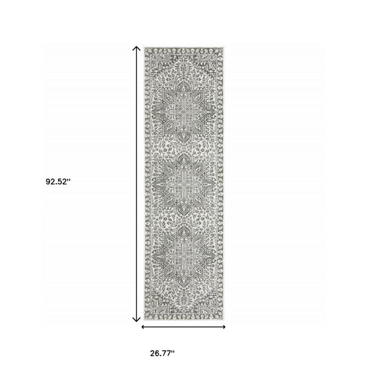 2' X 8' Grey And White Oriental Power Loom Stain Resistant Runner Rug