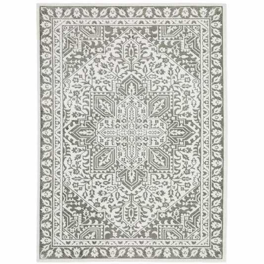 5' X 8' Grey And White Oriental Power Loom Stain Resistant Area Rug