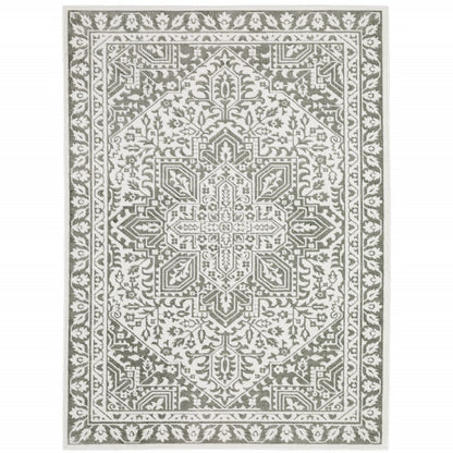 5' X 8' Grey And White Oriental Power Loom Stain Resistant Area Rug