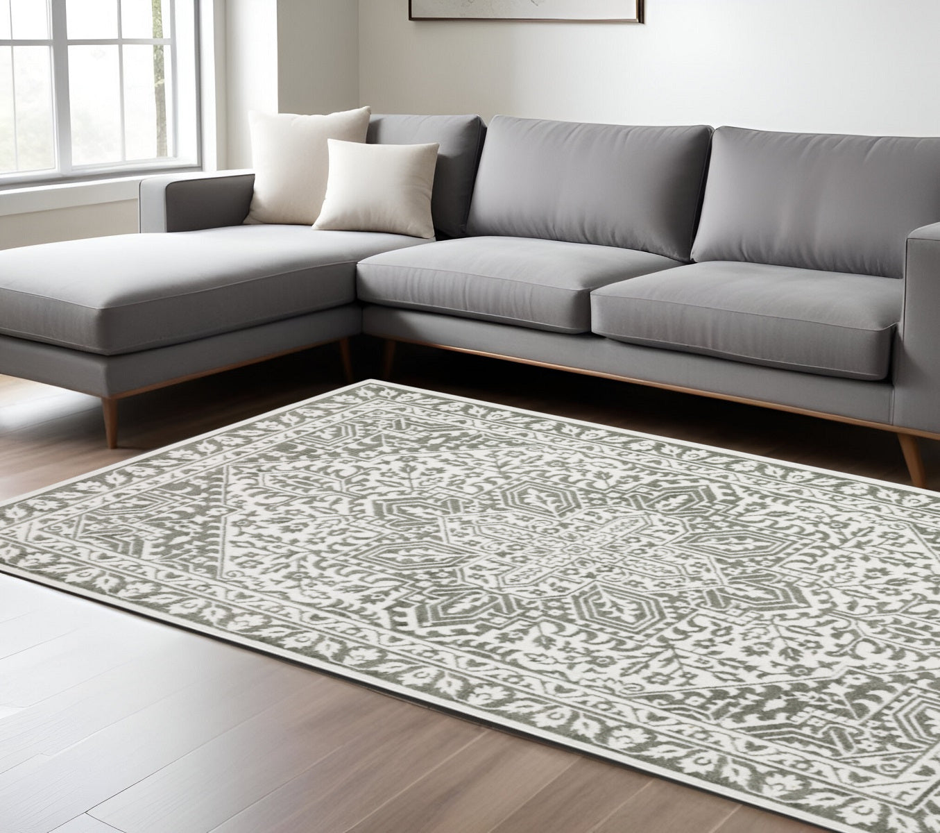 7' X 10' Gray and White Oriental Power Loom Area Rug