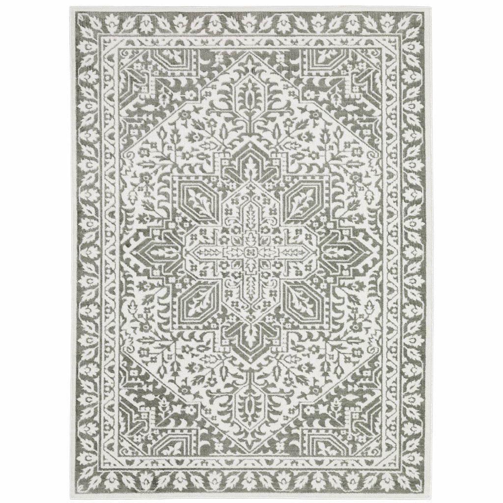 8' X 11' Grey And White Oriental Power Loom Stain Resistant Area Rug