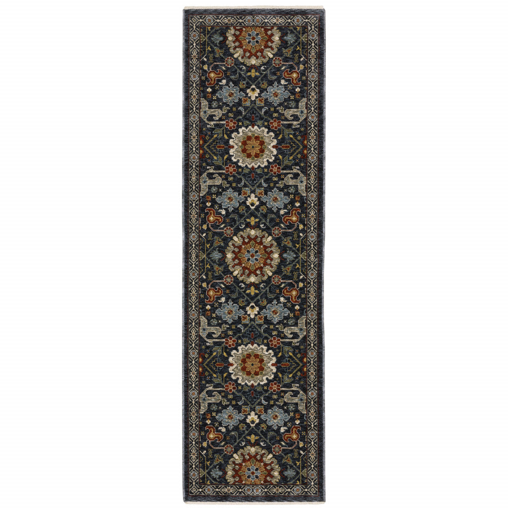 2' X 8' Blue And Ivory Oriental Power Loom Runner Rug With Fringe