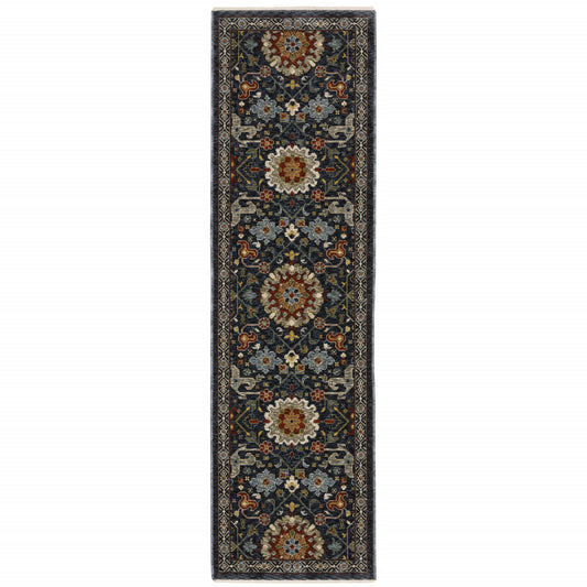 2' X 8' Blue And Ivory Oriental Power Loom Runner Rug With Fringe