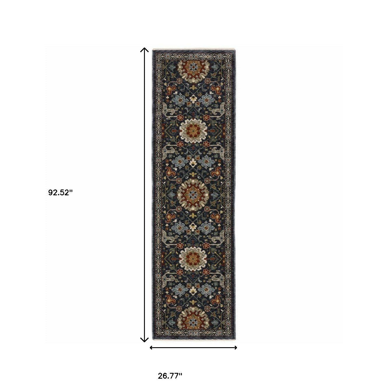 2' X 8' Blue And Ivory Oriental Power Loom Runner Rug With Fringe