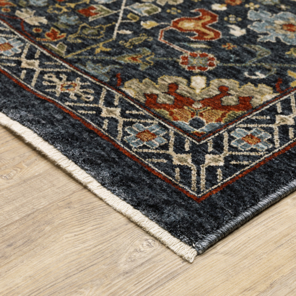 5' X 8' Blue Red Ivory And Gold Oriental Power Loom Stain Resistant Area Rug With Fringe