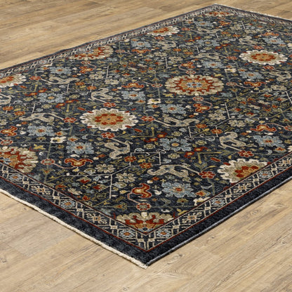 5' X 8' Blue Red Ivory And Gold Oriental Power Loom Stain Resistant Area Rug With Fringe