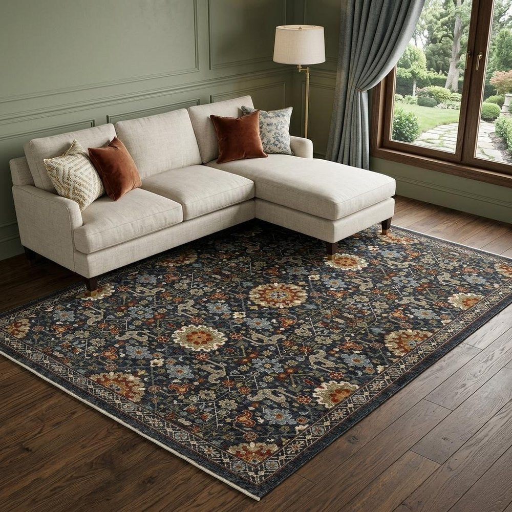 7' X 10' Blue Ivory And Red Oriental Area Rug With Fringe