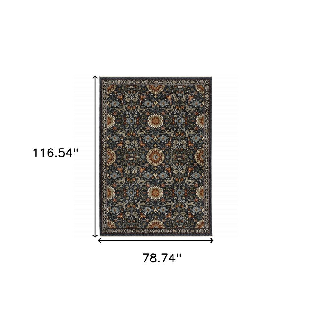 7' X 10' Blue Ivory And Red Oriental Area Rug With Fringe