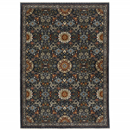7' X 10' Blue Ivory And Red Oriental Area Rug With Fringe