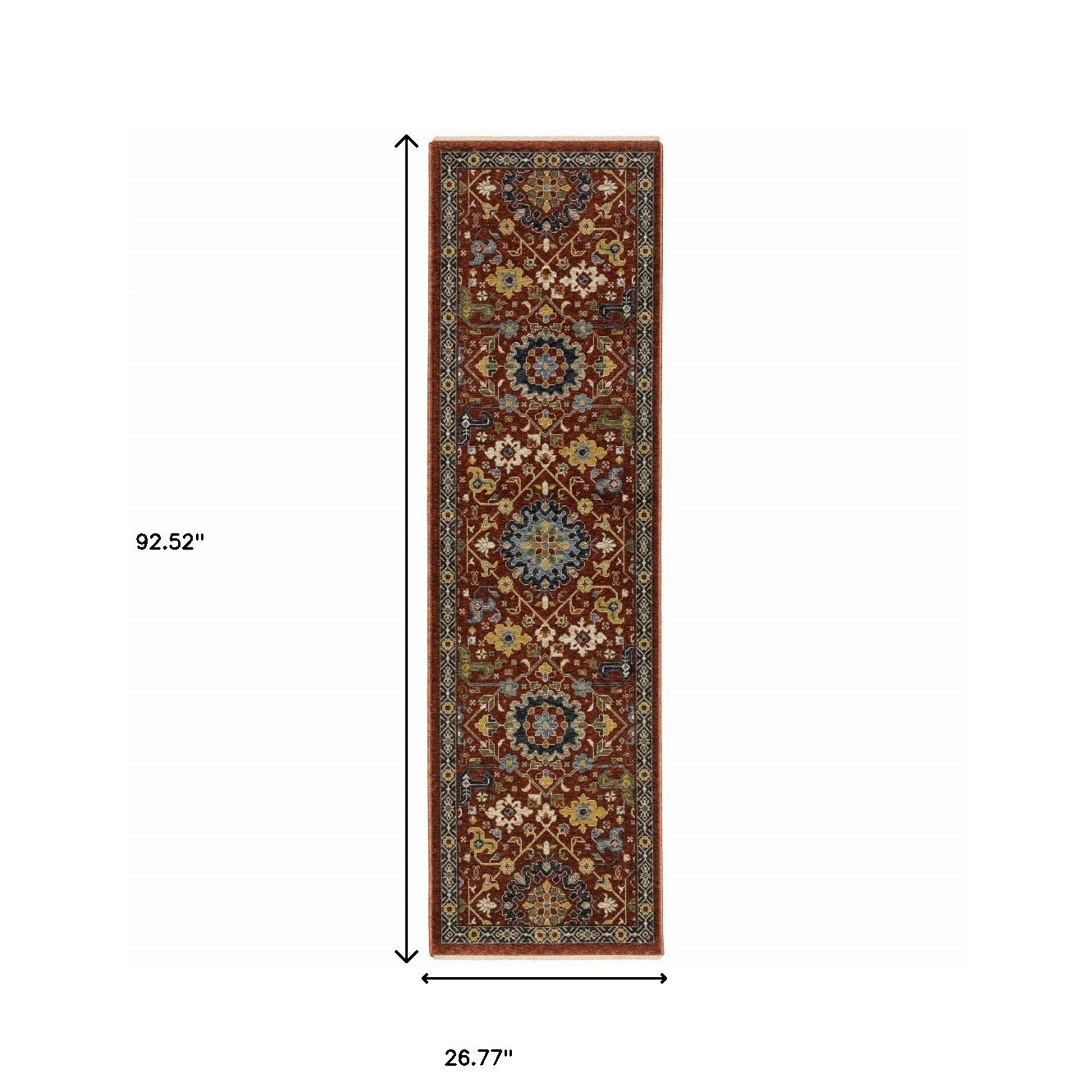 2' X 8' Red Blue Gold And Ivory Oriental Power Loom Stain Resistant Runner Rug With Fringe