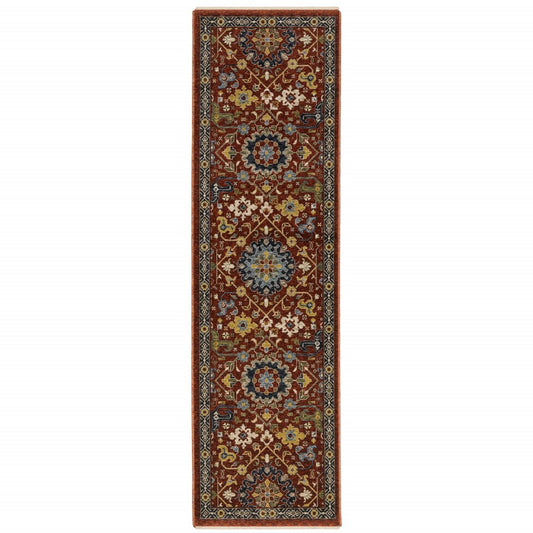 2' X 8' Red Blue Gold And Ivory Oriental Power Loom Stain Resistant Runner Rug With Fringe