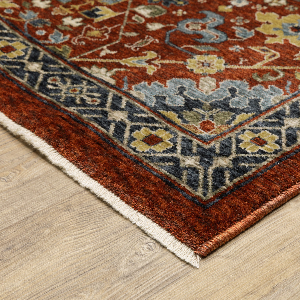 2' X 8' Red Blue Gold And Ivory Oriental Power Loom Stain Resistant Runner Rug With Fringe