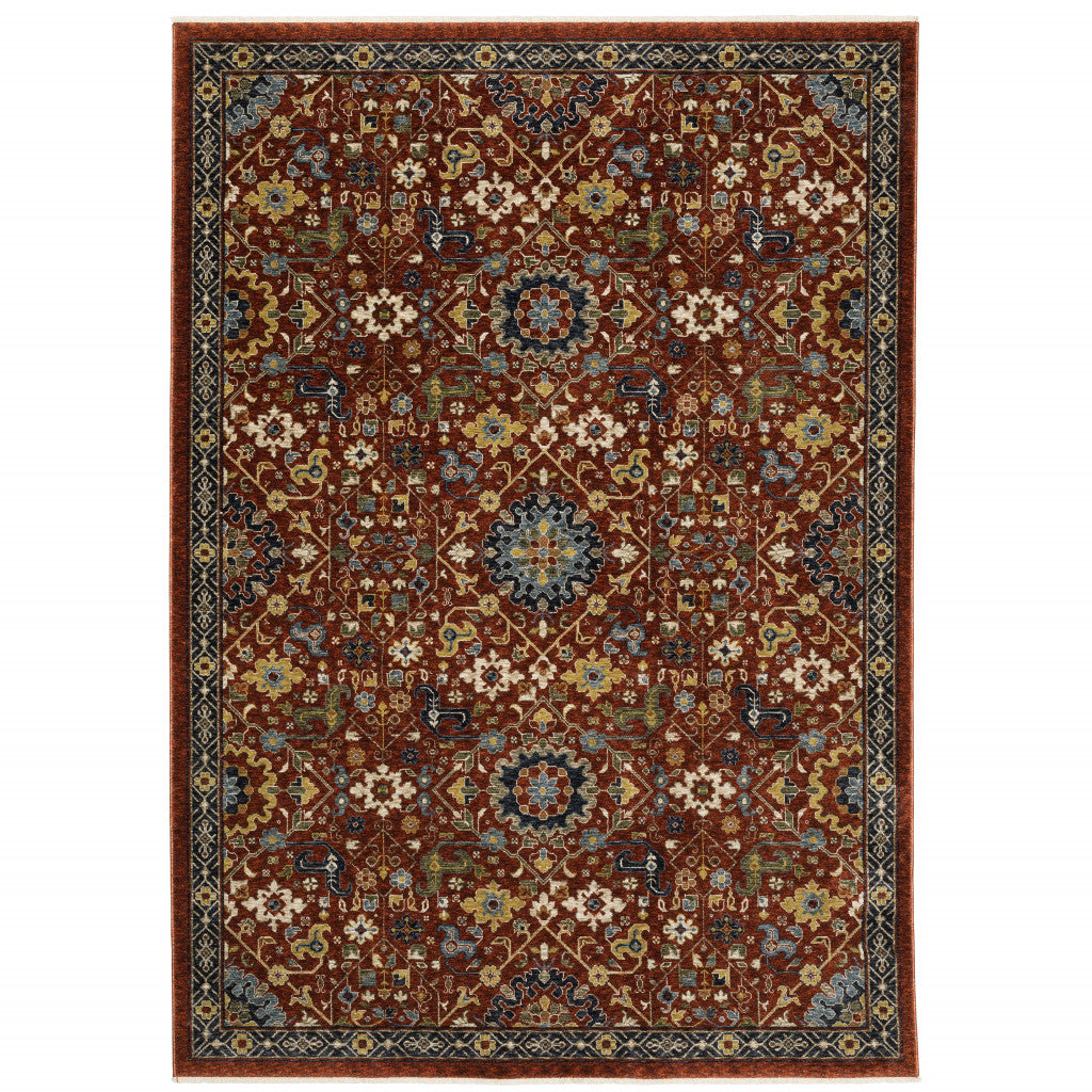 2' X 3' Red Blue Gold And Ivory Oriental Power Loom Stain Resistant Area Rug With Fringe