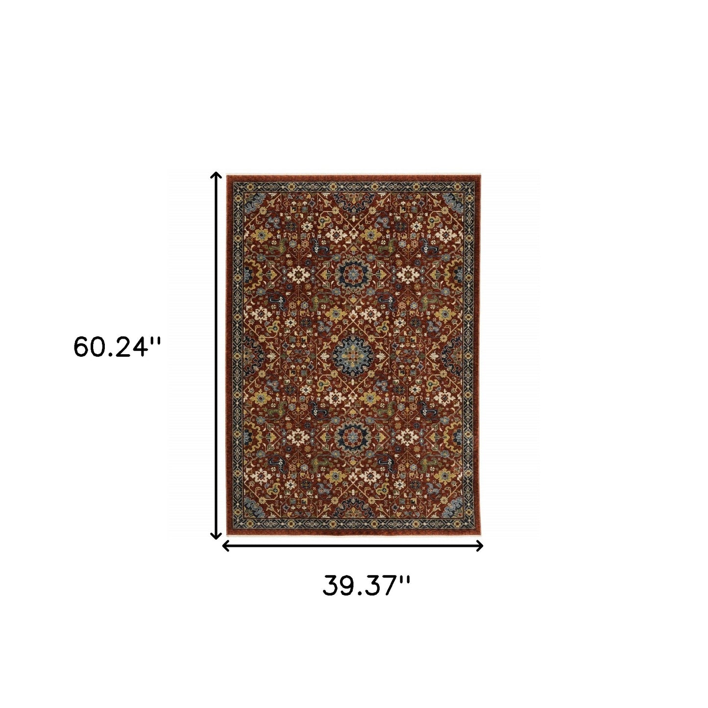 3' X 5' Red Blue Gold And Ivory Oriental Power Loom Stain Resistant Area Rug With Fringe