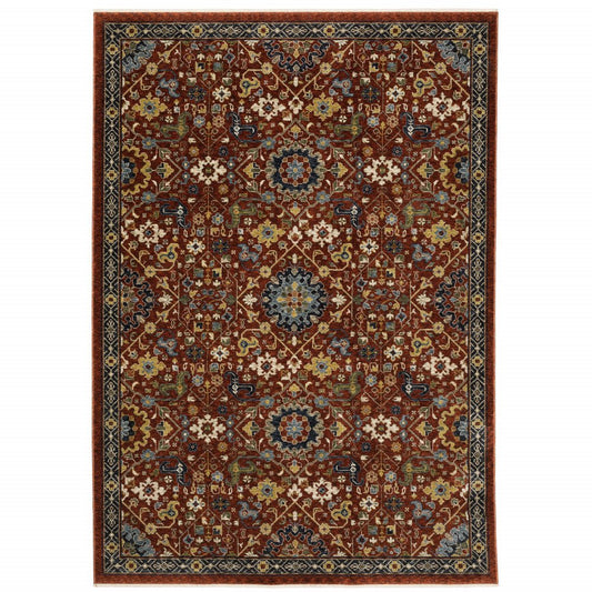 7' X 10' Red Yellow And Black Oriental Area Rug With Fringe