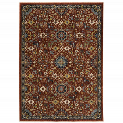 7' X 10' Red Yellow And Black Oriental Area Rug With Fringe