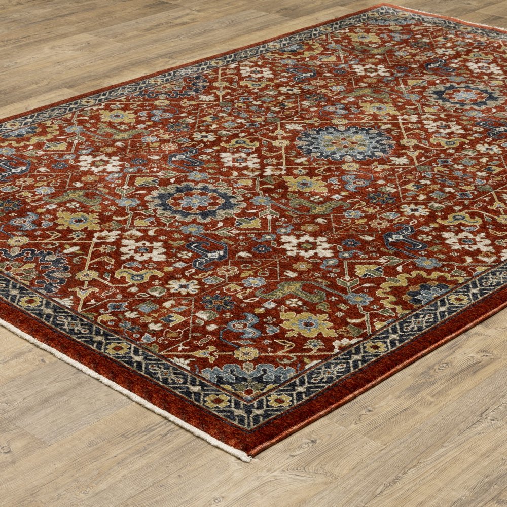 7' X 10' Red Yellow And Black Oriental Area Rug With Fringe