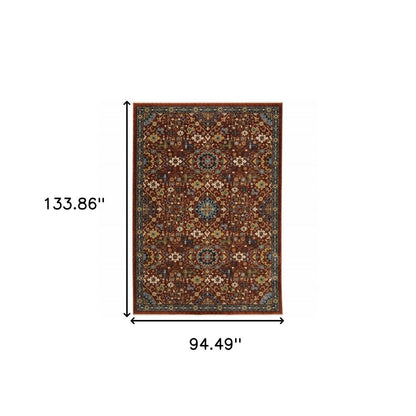 8' X 11' Red Yellow And Black Oriental Area Rug With Fringe