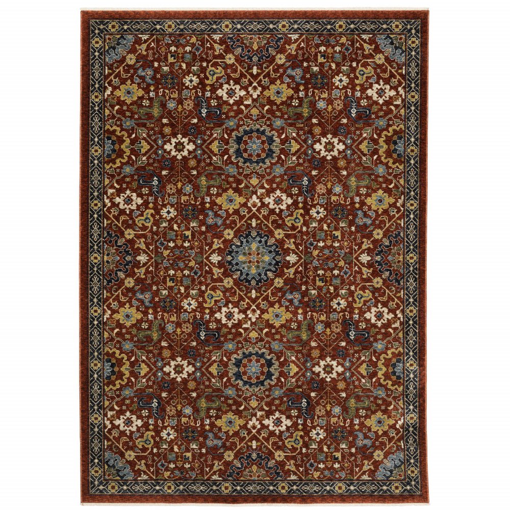 8' X 11' Red Yellow And Black Oriental Area Rug With Fringe