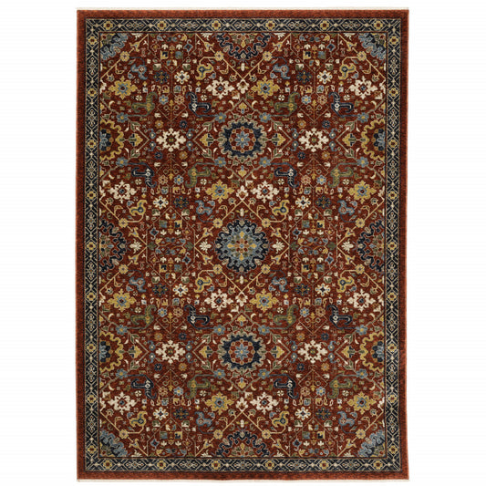 10' X 13' Red Blue Gold And Ivory Oriental Power Loom Stain Resistant Area Rug With Fringe