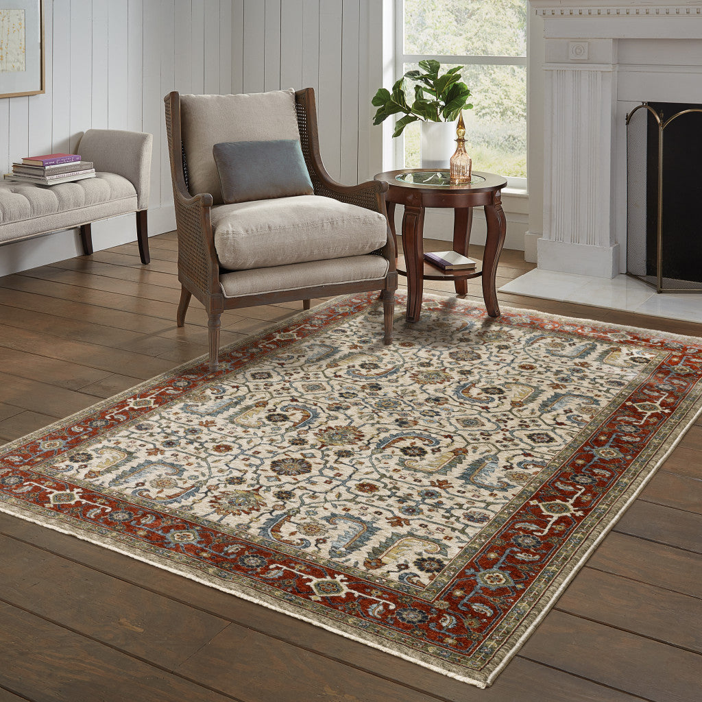 2' X 3' Ivory Red Green Grey Blue And Navy Oriental Power Loom Stain Resistant Area Rug With Fringe