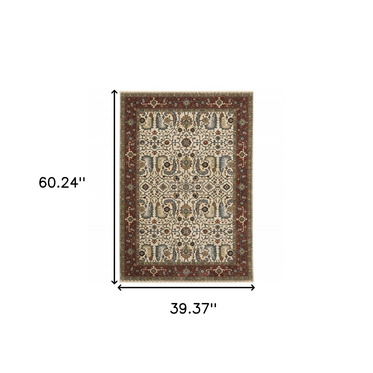 3' X 5' Ivory Red Green Grey Blue And Navy Oriental Power Loom Stain Resistant Area Rug With Fringe