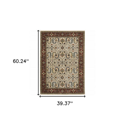3' X 5' Ivory Red Green Grey Blue And Navy Oriental Power Loom Stain Resistant Area Rug With Fringe